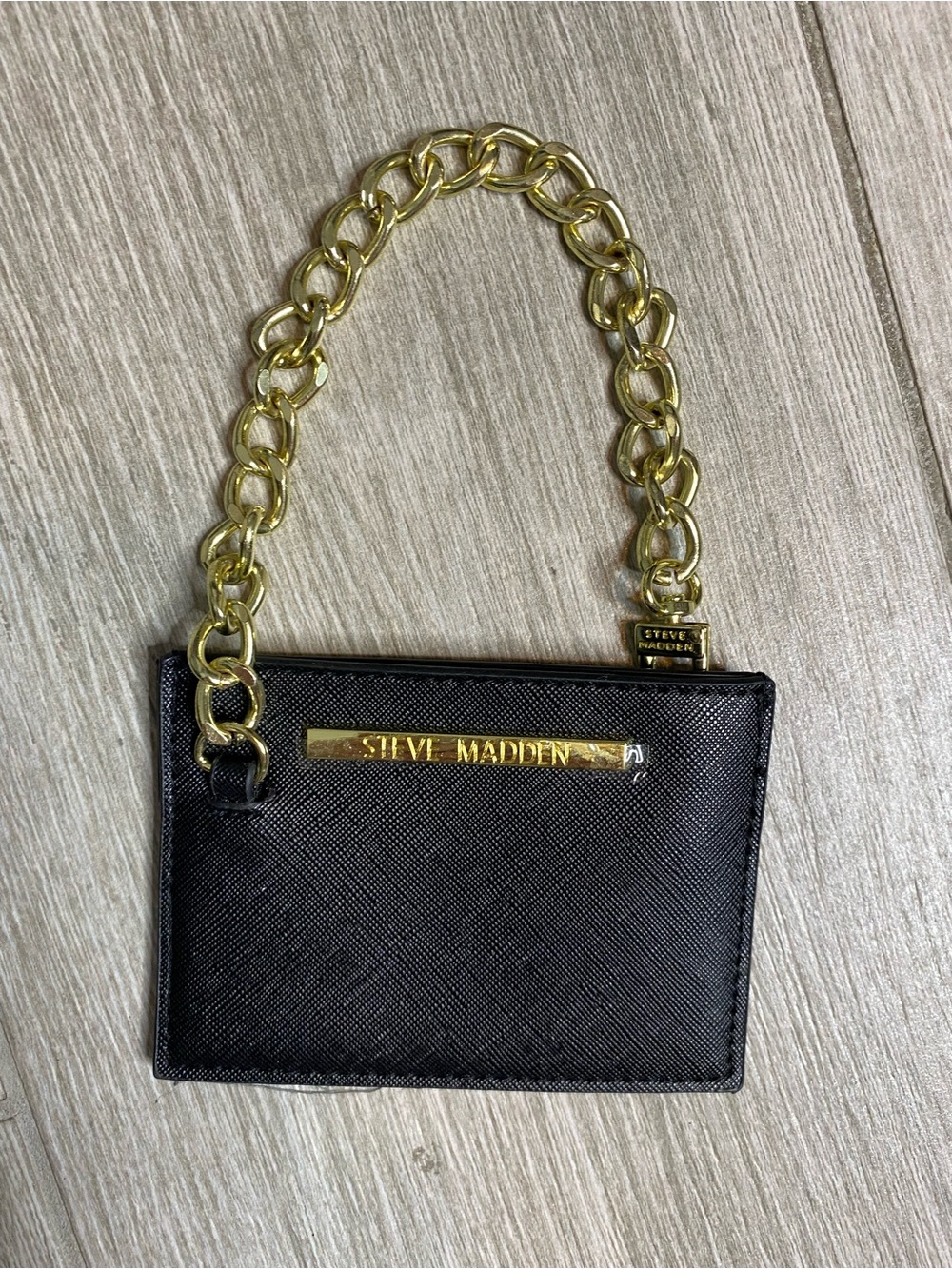 Steve Madden Black Saffiano Card Case Wallet Wristlet Gold Chain